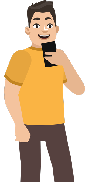 Eine männliche Comicfigur hält ein Smartphone in der Hand und schaut darauf.