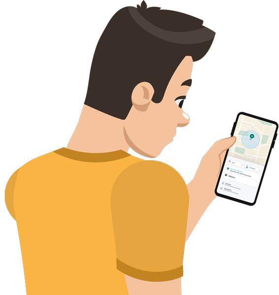 Blick über die Schulter einer männlichen Comicfigur. Der Blick fällt auf das Smartphone der Figur. Im Smartphone zu sehen ist eine Karte mit Haltestellen.