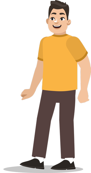 Eine männliche Comicfigur im gelben Shirt und brauner Hose steht und lächelt.